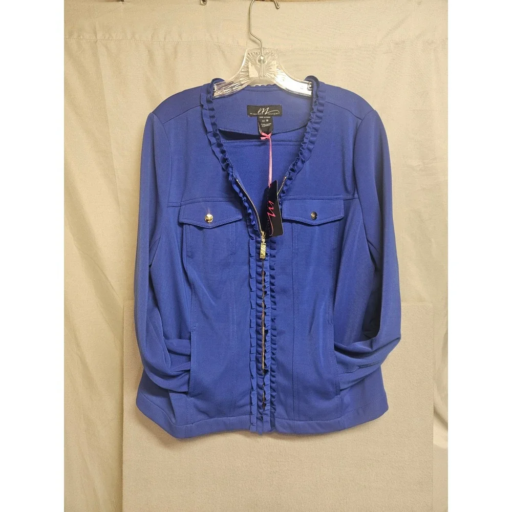 Midnight Velvet Womens Royal Blue Ruffle Trim Zip Front Jacket Size 16 NWT